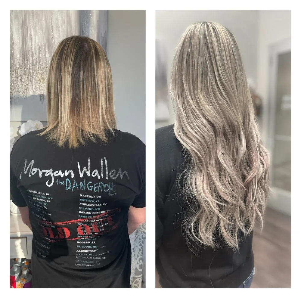 Real client transformation at The Beauty Suite — dark-rooted blonde before, brightened icy-platinum dimensional blonde after.