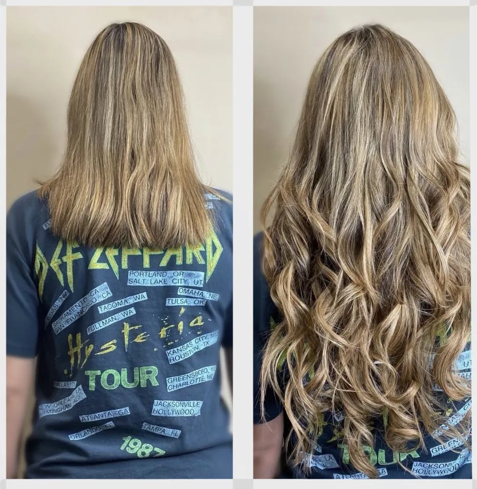 Real client transformation at The Beauty Suite — shoulder-length bronde before, full lived-in blonde length and volume after.