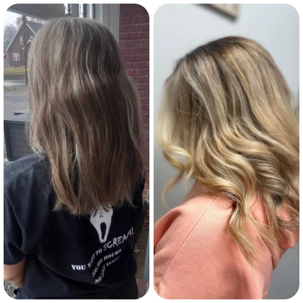 Real client transformation at The Beauty Suite — mousy grow-out before, bright golden hand-painted balayage after.