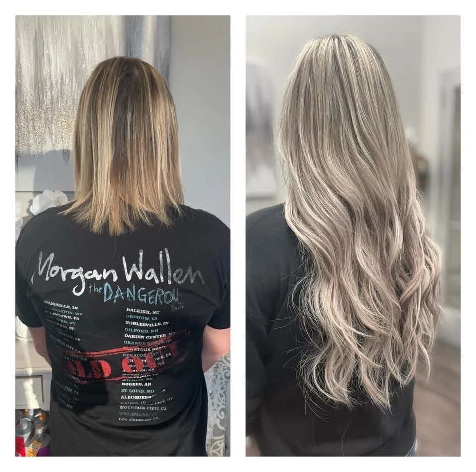 A real client transformation at The Beauty Suite — before on the left, brightened dimensional blonde after on the right.